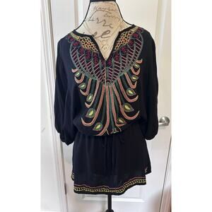 Miuse Women's sz M Embroidered Tunic/Beach Coverup/ Dress Batwing Sleeves Boho